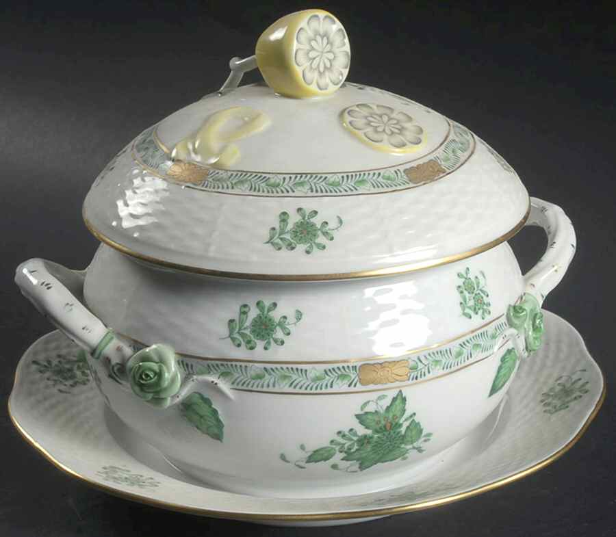 Chinese Bouquet Green (AV) Sauce Boat with Attached Underplate & Lid by Herend-1