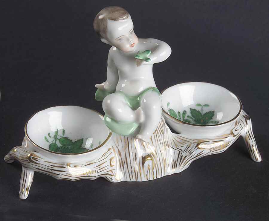 Chinese Bouquet Green (AV) Double Salt Dip by Herend-1