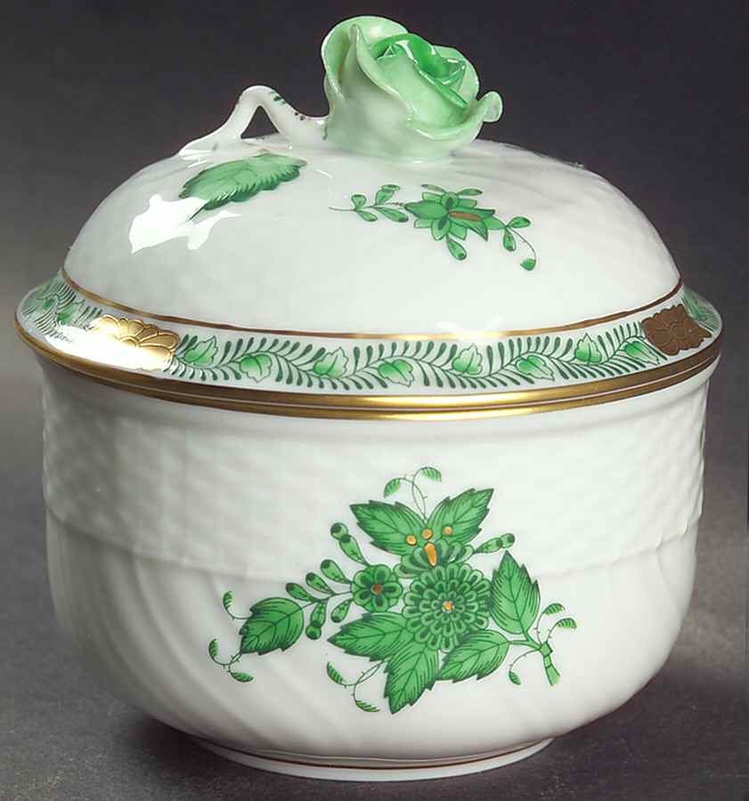 Chinese Bouquet Green (AV) Mini Sugar Bowl & Lid by Herend-1
