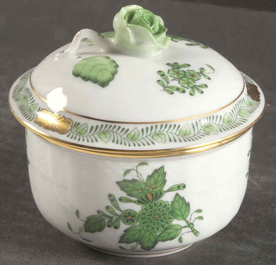 Chinese Bouquet Green (AV) Mini Sugar Bowl & Lid by Herend-1