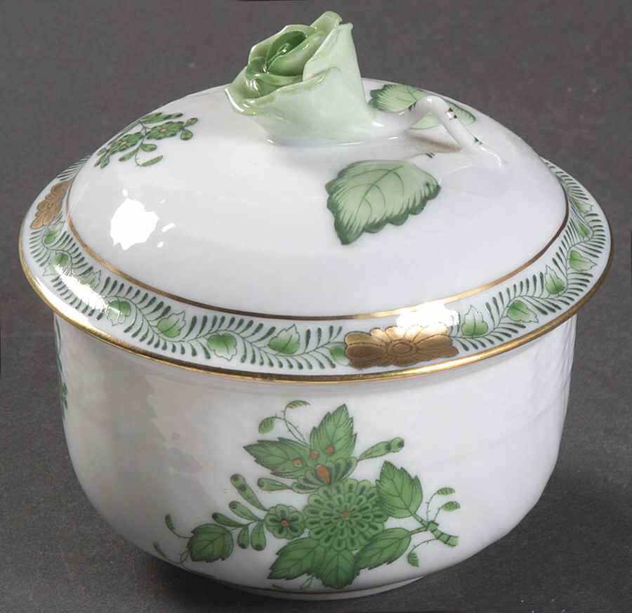 Chinese Bouquet Green (AV) Mini Sugar Bowl & Lid by Herend-1