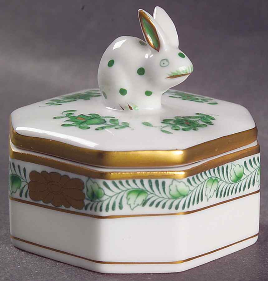 Chinese Bouquet Green (AV) Small Bunny Trinket Box with Lid by Herend-1