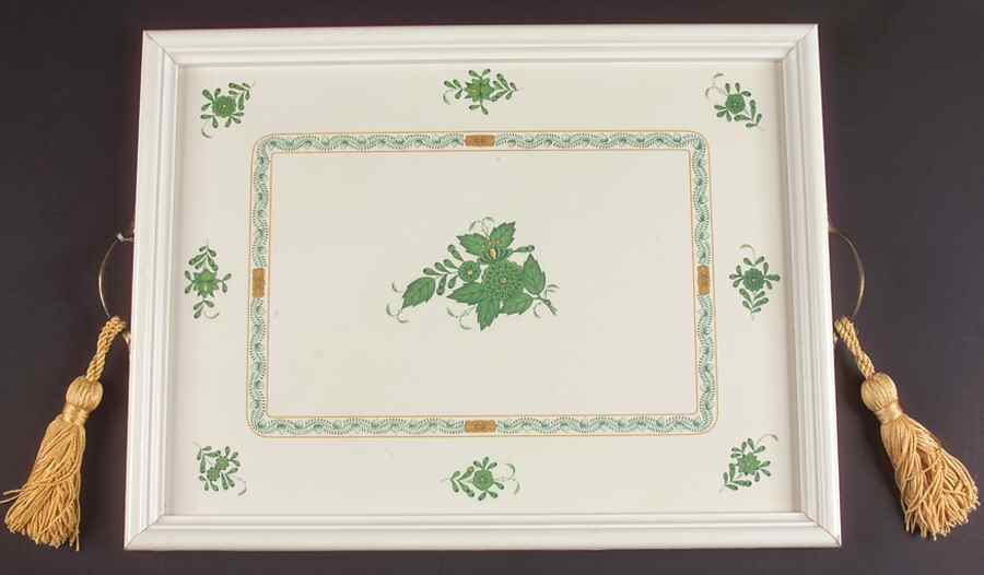 Chinese Bouquet Green (AV) Wood Rectangular Handled Tray by Herend-1