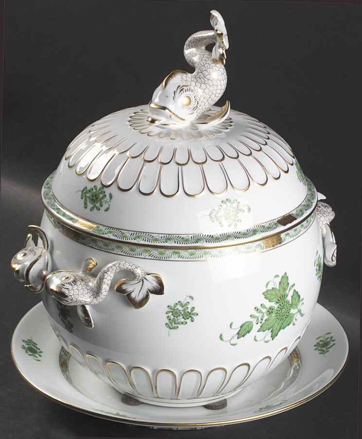 Chinese Bouquet Green (AV) Dolphin Tureen wLid & Underplate by Herend-1