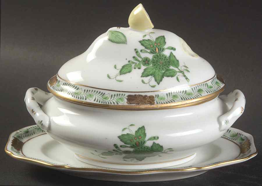 Chinese Bouquet Green (AV) Mini Tureen w/Lid & Underplate by Herend-1