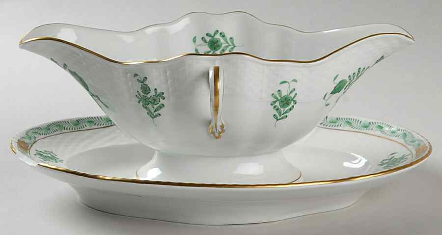 Chinese Bouquet Green (AV) Gravy Boat with Attached Underplate by Herend-1