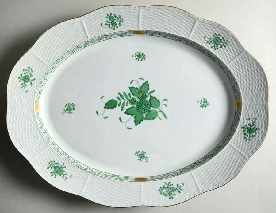 Chinese Bouquet Green (AV) 16" Oval Serving Platter by Herend-1