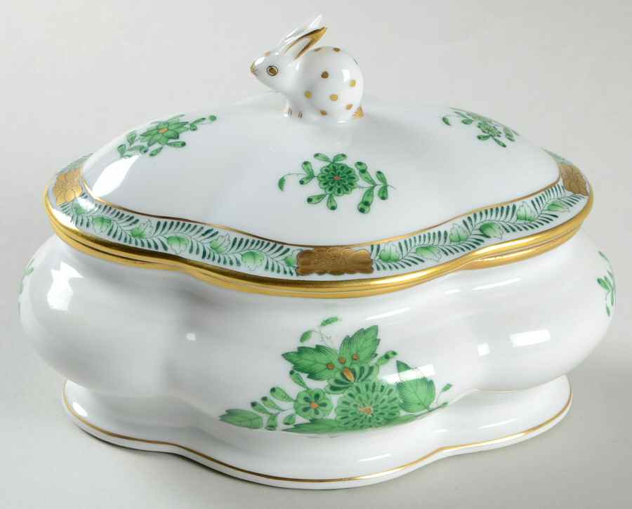Chinese Bouquet Green (AV) Oblong Bon Bon & Lid by Herend-1