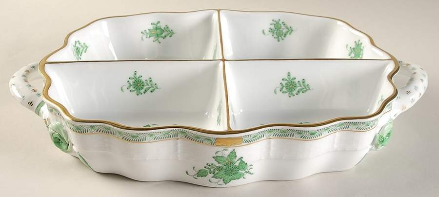 Chinese Bouquet Green (AV) 4 Part Handled Hors d'Oeuvre Dish by Herend-1