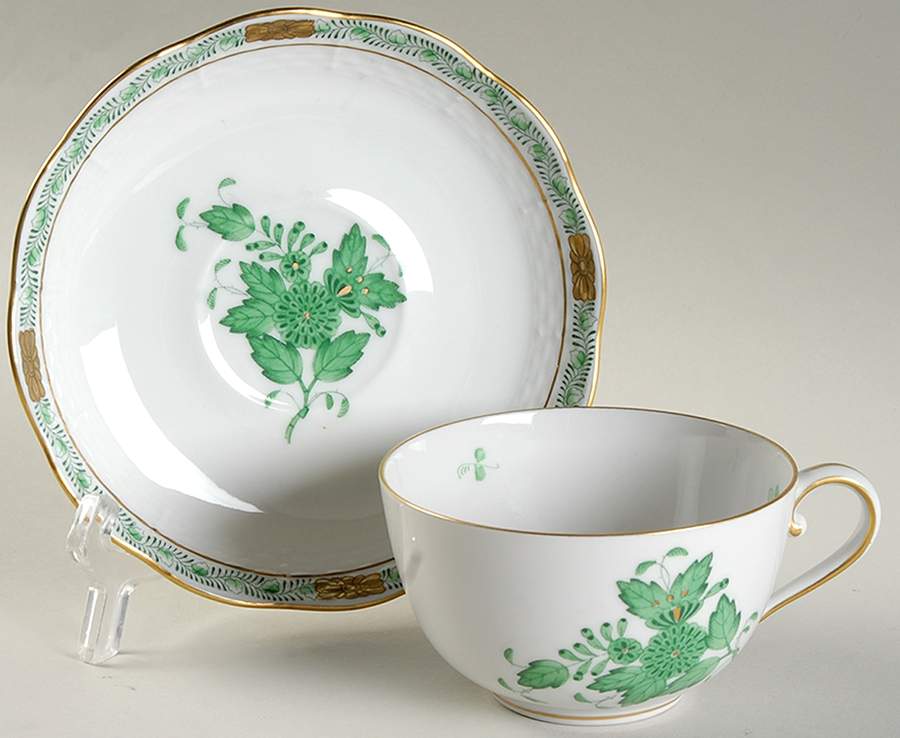 Chinese Bouquet Green (AV) Flat Cup & Saucer Set by Herend-1