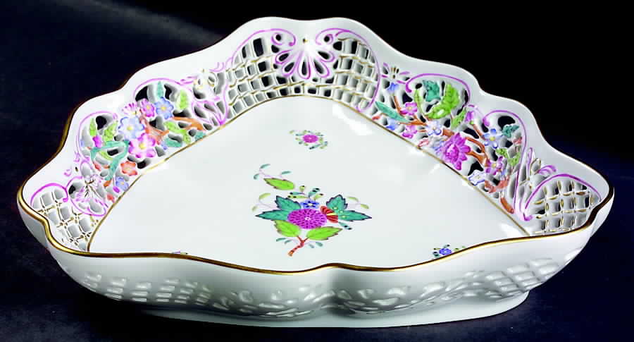 Chinese Bouquet Multicolor (AF) Triangular Open Weave Basket by Herend-1