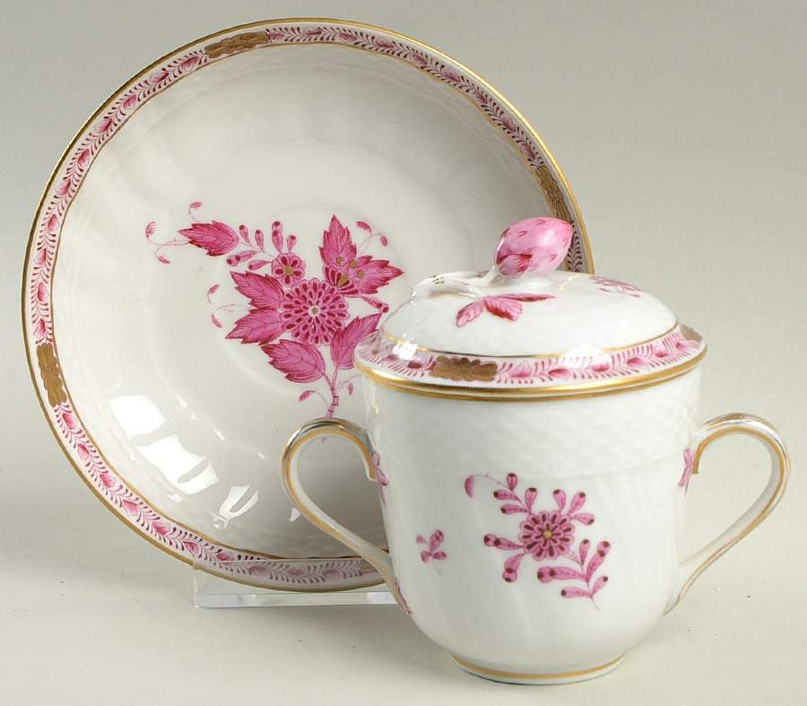 Chinese Bouquet Raspberry (AP) Bouillon Soup and Saucer with Lid by Herend-1