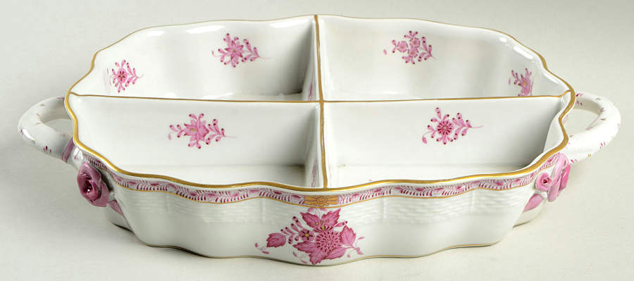 Chinese Bouquet Raspberry (AP) 4 Part Handled Hors d'Oeuvre Dish by Herend-1