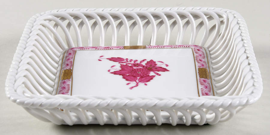 Chinese Bouquet Raspberry (AP) 6" Square Open Weave Basket by Herend-1