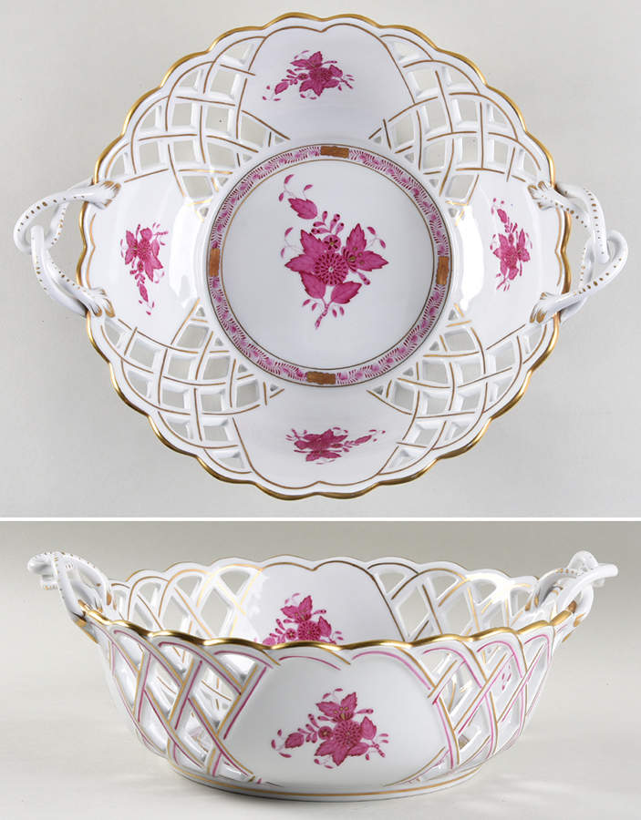 Chinese Bouquet Raspberry (AP) 10" Round Open Weave Basket by Herend-1