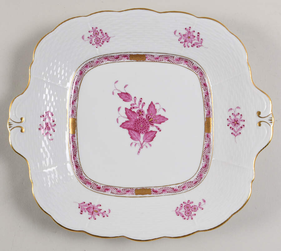 Chinese Bouquet Raspberry (AP) Square Handled Cake Plate by Herend-1