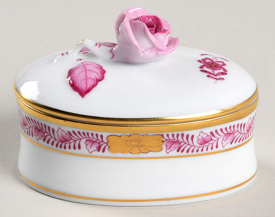 Chinese Bouquet Raspberry (AP) Mini Oval Box & Lid by Herend-1