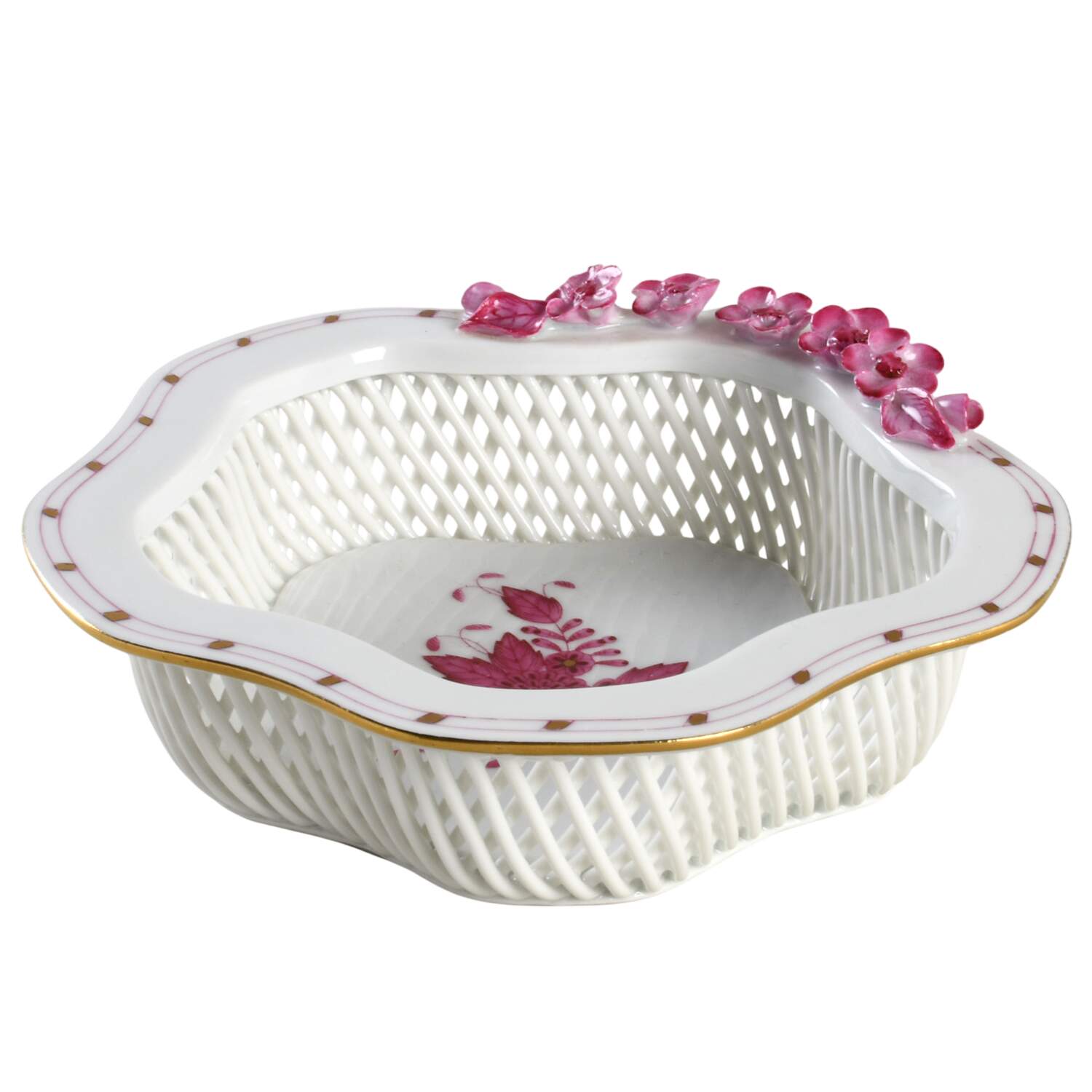 Chinese Bouquet Raspberry (AP) 5" Open Weave Basket by Herend-1
