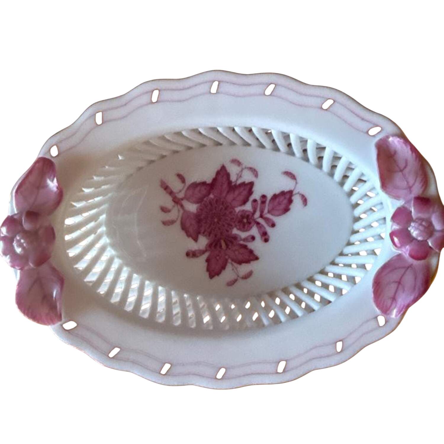 Chinese Bouquet Raspberry (AP) 3" Oval Open Weave Basket by Herend-1