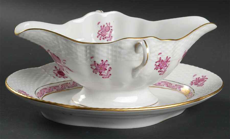 Chinese Bouquet Raspberry (AP) Gravy Boat with Attached Underplate by Herend-1