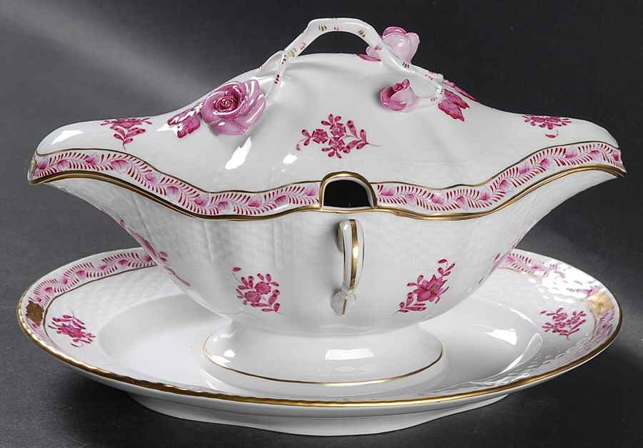 Chinese Bouquet Raspberry (AP) Gravy Boat w/Attached Underplate & Lid by Herend-1