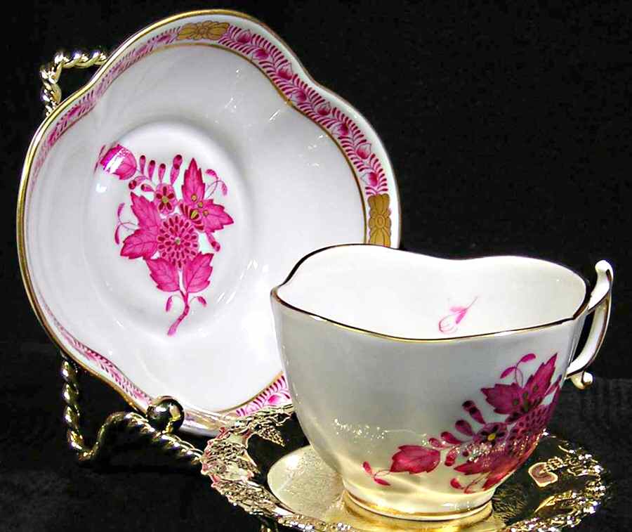 Chinese Bouquet Raspberry (AP) Footed Demitasse Cup & Saucer Set by Herend-1