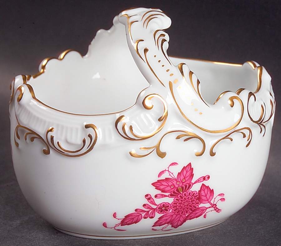Chinese Bouquet Raspberry (AP) Small Oval Basket with Handle by Herend-1