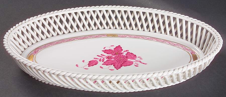 Chinese Bouquet Raspberry (AP) 10" Oval Open Weave Basket by Herend-1