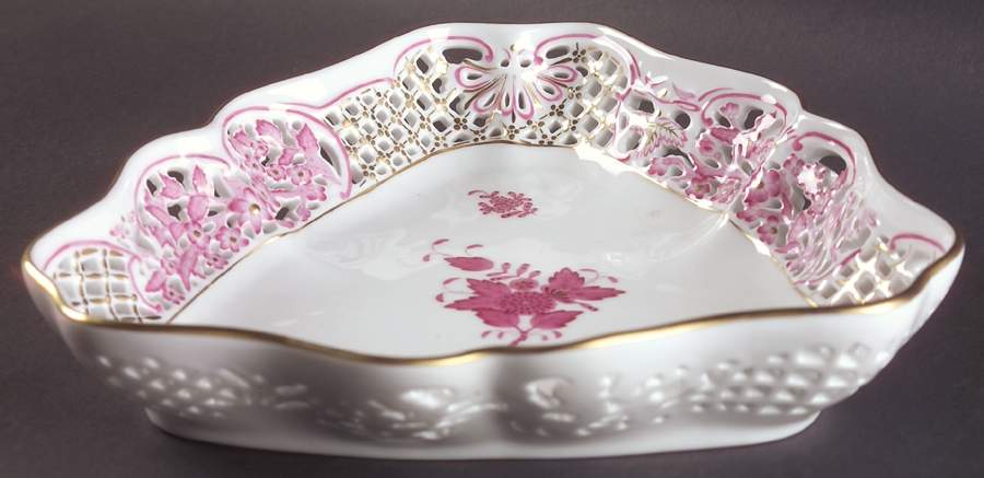 Chinese Bouquet Raspberry (AP) Triangular Open Weave Basket by Herend-1