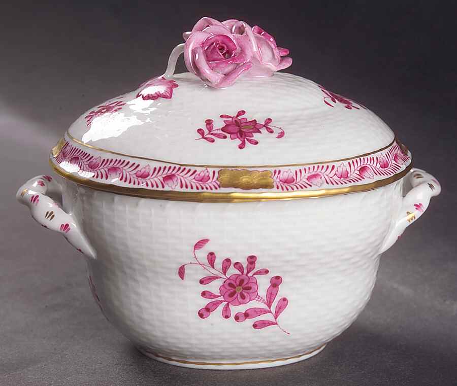 Chinese Bouquet Raspberry (AP) 4" Oval Bon Bon & Lid by Herend-1