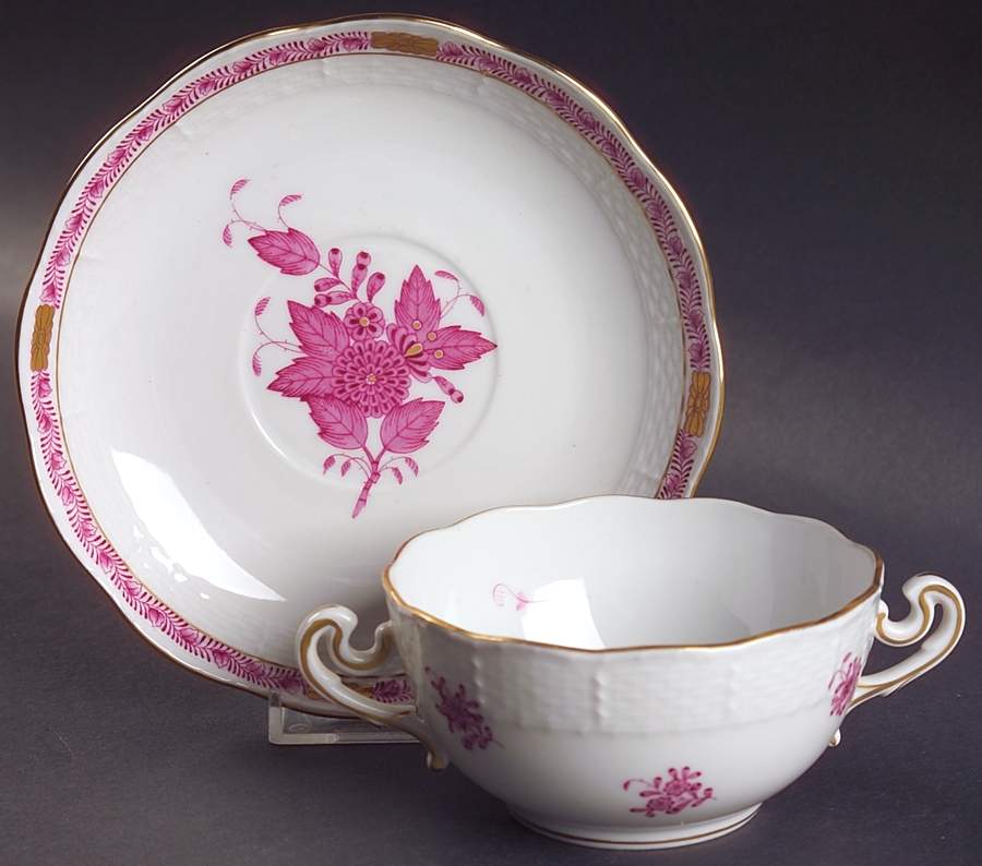Chinese Bouquet Raspberry (AP) Flat Cream Soup Bowl & Saucer Set by Herend-1