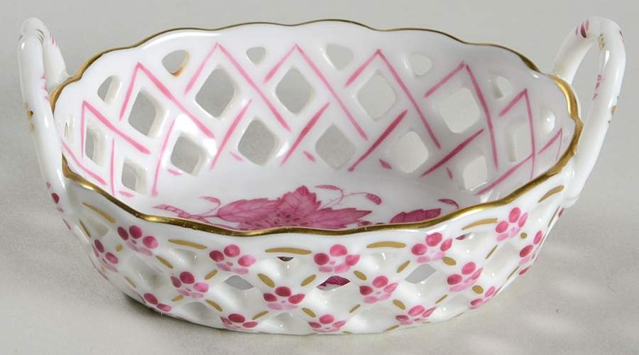 Chinese Bouquet Raspberry (AP) Small-Handled Open Weave Basket by Herend-1