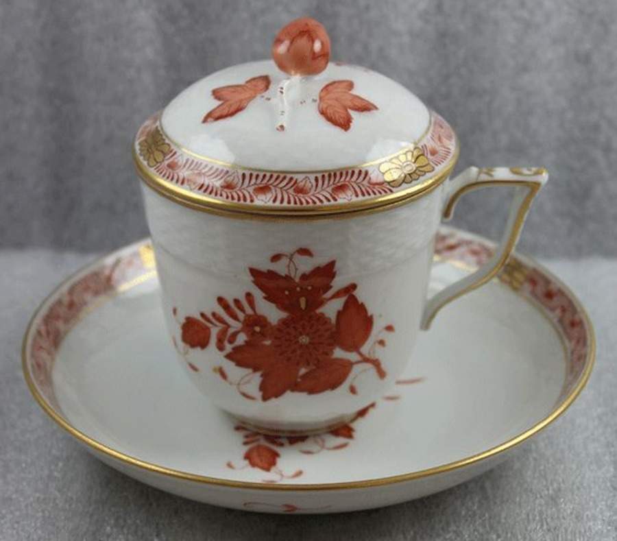 Chinese Bouquet Rust (AOG) Flat Cup & Saucer with Lid by Herend-1