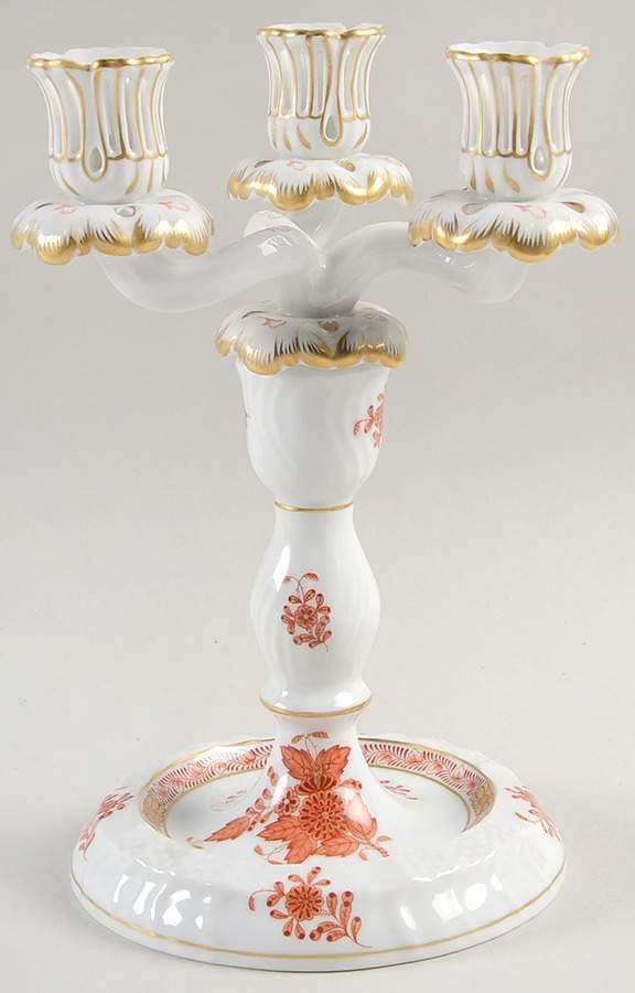 Chinese Bouquet Rust (AOG) 9" 3 Light Candlestick W/Wire Hole by Herend-1