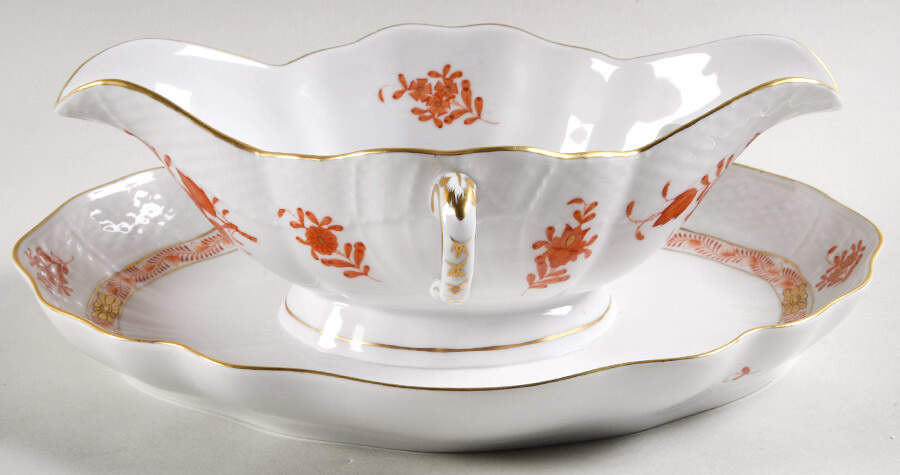 Chinese Bouquet Rust (AOG) Gravy Boat with Attached Underplate by Herend-1