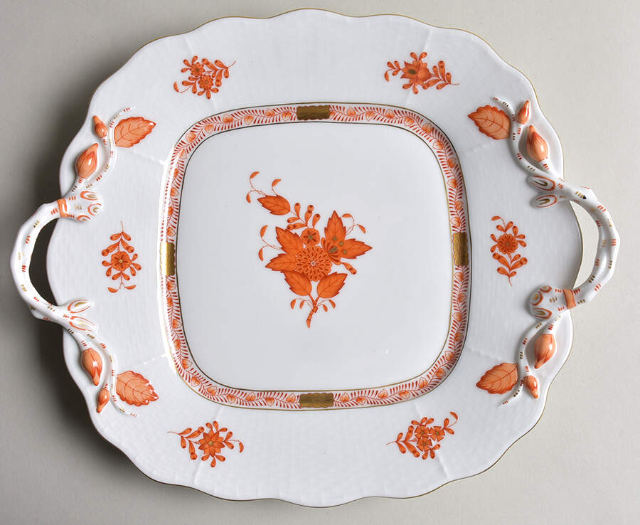 Chinese Bouquet Rust (AOG) Square Handled Cake Plate by Herend-1