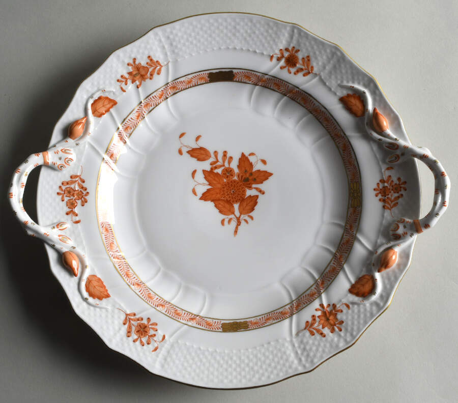 Chinese Bouquet Rust (AOG) 11" Handled Chop Plate (Round Platter) by Herend-1