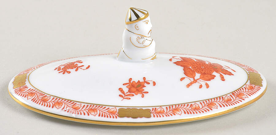 Chinese Bouquet Rust (AOG) Oval Box W/Mandarin Finial Lid by Herend-1