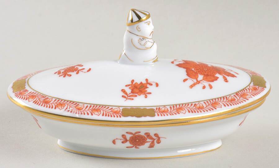 Chinese Bouquet Rust (AOG) Oval Box W/Mandarin Finial by Herend-1