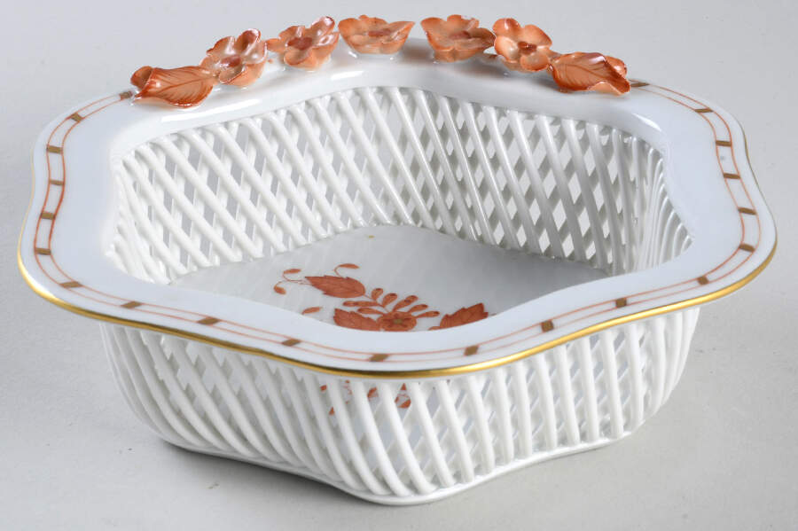 Chinese Bouquet Rust (AOG) 6" Open Weave Basket by Herend-1