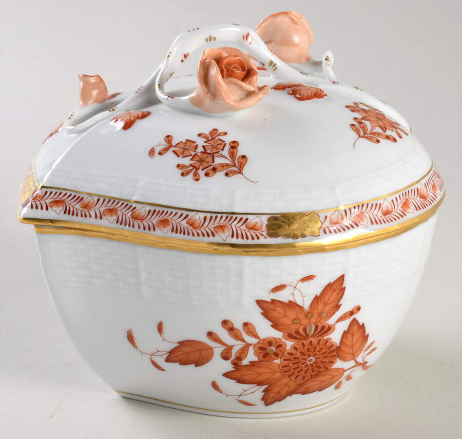 Chinese Bouquet Rust (AOG) 4" Heart Shape Bon Bon & Lid by Herend-1