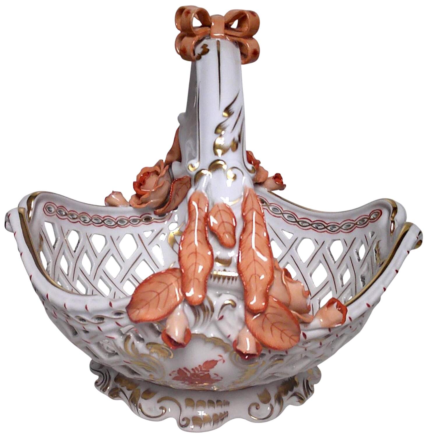 Chinese Bouquet Rust (AOG) 10" Open Weave Basket W/Bow by Herend-1