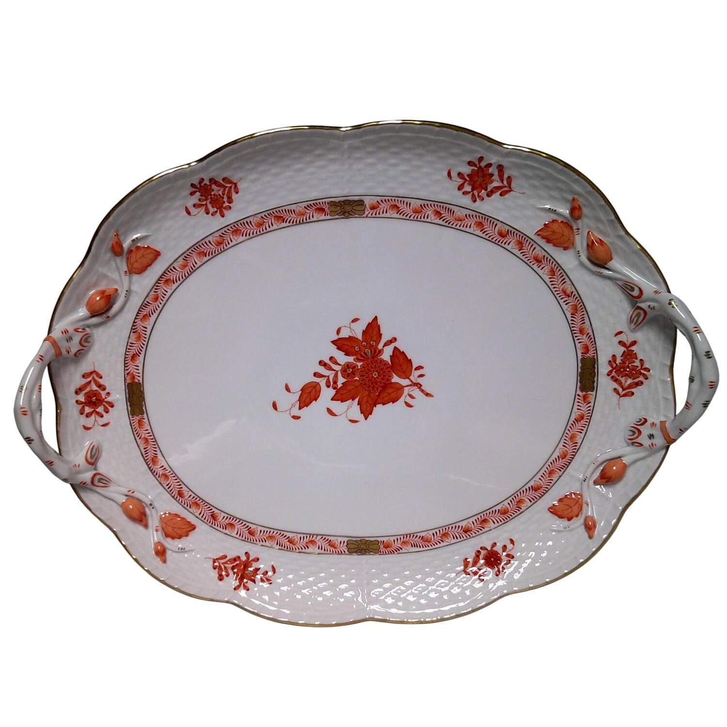 Chinese Bouquet Rust (AOG) 12" Oval Handled Tray by Herend-1