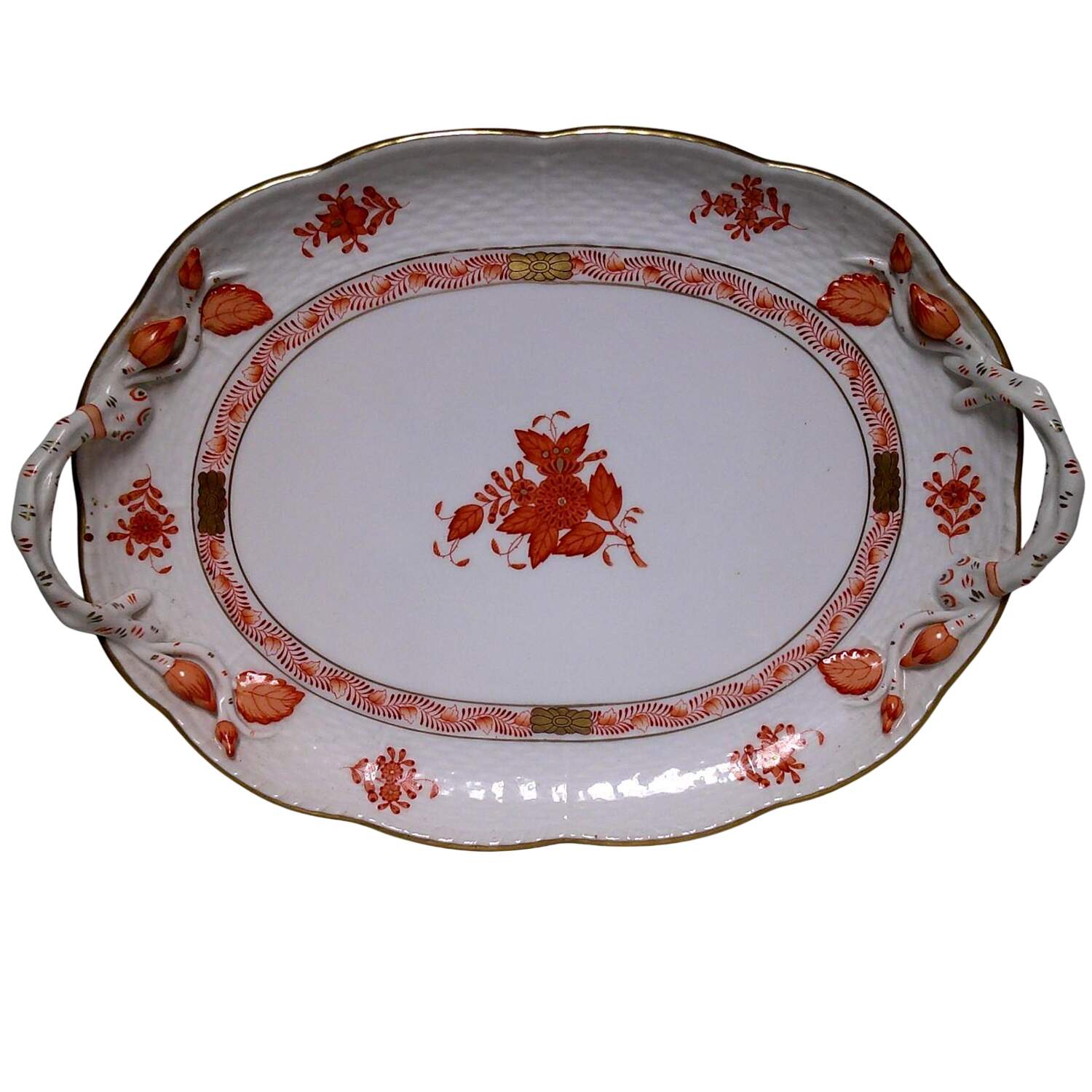 Chinese Bouquet Rust (AOG) 11" Oval Handled Tray by Herend-1