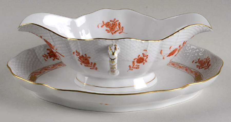 Chinese Bouquet Rust (AOG) Gravy Boat with Attached Underplate by Herend-1