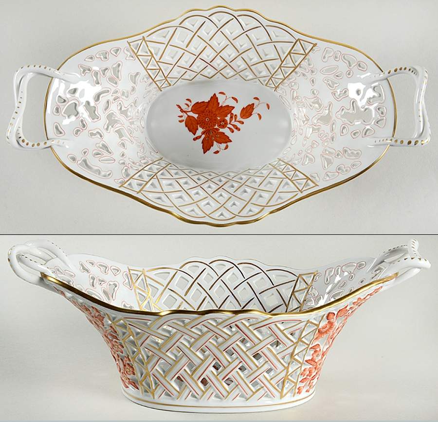 Chinese Bouquet Rust (AOG) 11" Oval Pierced Basket by Herend-1