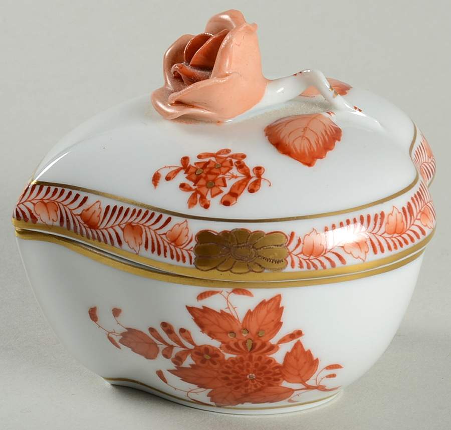 Chinese Bouquet Rust (AOG) Heart Shaped Trinket Box with Lid by Herend-1