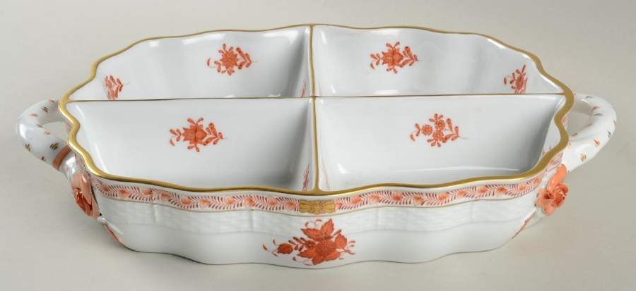 Chinese Bouquet Rust (AOG) 4 Part Handled Hors d'Oeuvre Dish by Herend-1