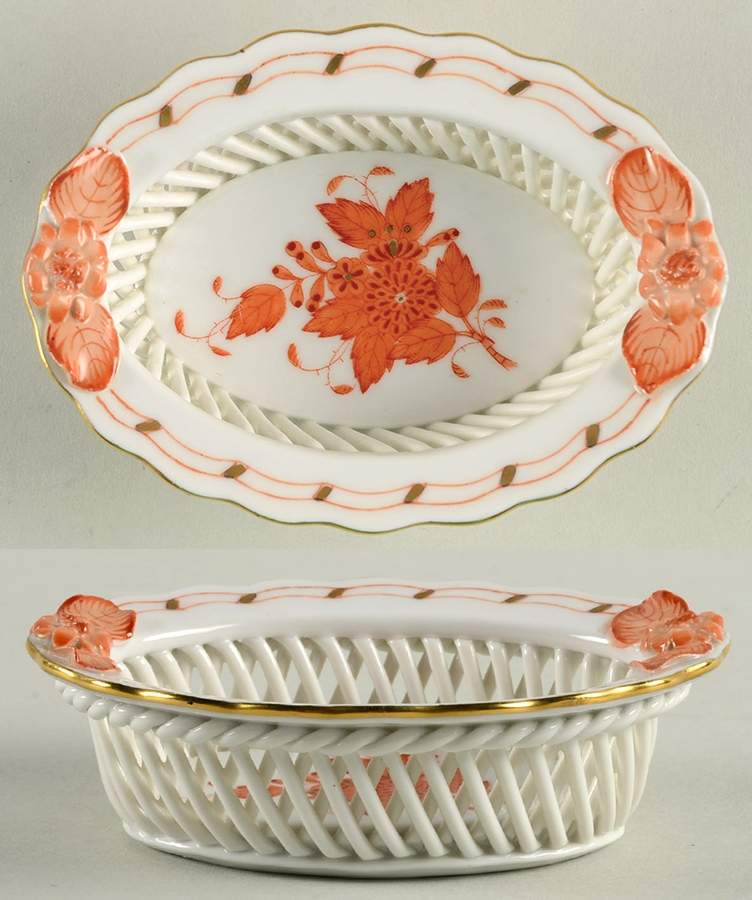 Chinese Bouquet Rust (AOG) 3" Oval Open Weave Basket by Herend-1