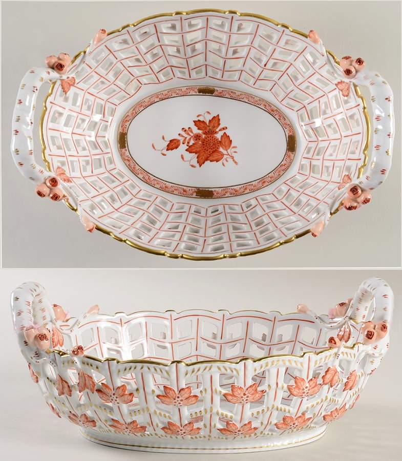 Chinese Bouquet Rust (AOG) 10" Oval Open Weave Basket by Herend-1